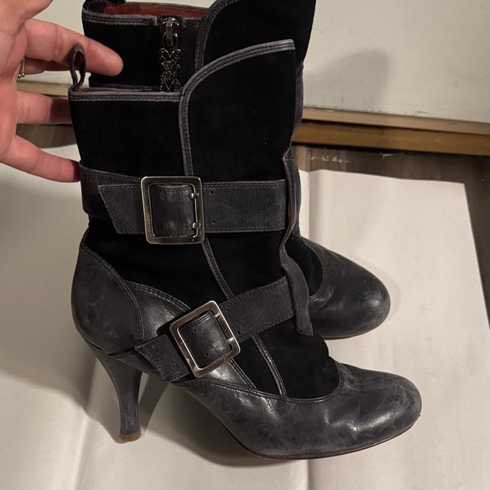 Modern Vintage Black and Gray Heeled Boots